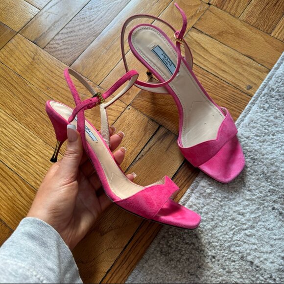 Prada Milano hot pink suede strappy sandals with slim gold-tone stiletto heels a - Picture 1 of 6